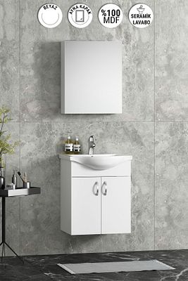 Yıldız 50 cm Beyaz MDF Seramik Lavabolu Asma Banyo Dolabı Takımı ürün fotoğrafı
