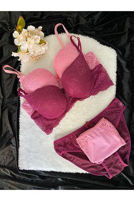 Kadın Pudra Bordo 2'li Paket Dolgulu Balenli Sütyen Takım ürün fotoğrafı