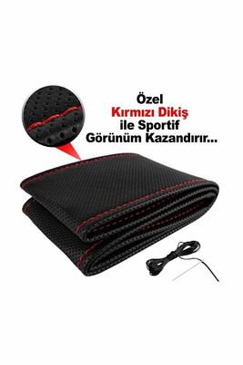 Deri Direksiyon Kılıfı Sarmalı Dikmeli Kırmızı Dikişli Kokusuz Kılıf ürün fotoğrafı