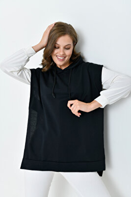 Kapüşonlu Siyah Yelek - Uzun Düğmeli Oversize Kolsuz Sweatshirt Panço ürün fotoğrafı