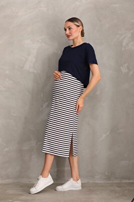 Kısa Kol Çizgilli Fitilli Kaşkorse Hamile ve Lohusa Tişört Elbise Takımı ürün fotoğrafı