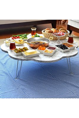90 Cm Beyaz Mermer Desenli Ahşap Katlanabilir Papatya Yer Sofrası, Yer Masası, Yemek Masası ürün fotoğrafı