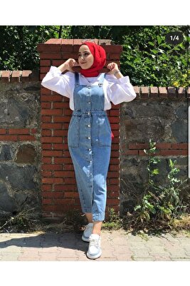 Düğme Detaylı Slopetli Kot Elbise ürün fotoğrafı