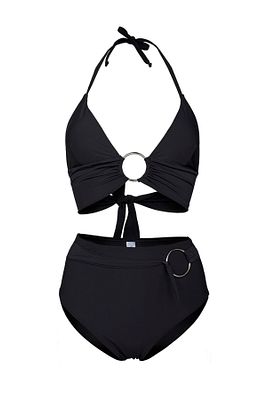 Siyah Halka Aksesuarlı Çift Kat Özel Koleksiyon Tulumlu Şık Bikini Takım ürün fotoğrafı