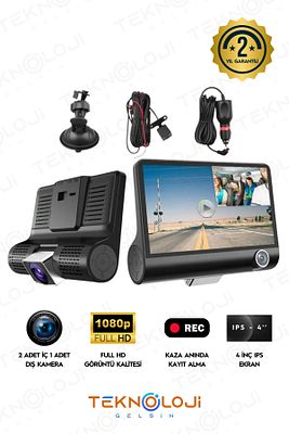 Araç İçi Kamera 4'' Lcd Ekran 3 Kameralı 170° Geniş Açı 1080p G-Sensör Gece Görüşlü Uyumlu Yol Kayıt ürün fotoğrafı