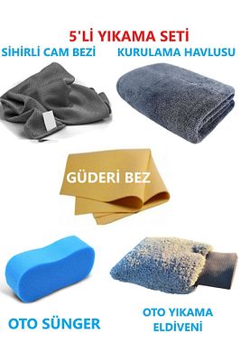 5'li Mikrofiber Oto Yıkama Seti-kurulama Silme Bezi Cam Bezi Güderi Oto Eldiveni Oto Sünger ürün fotoğrafı
