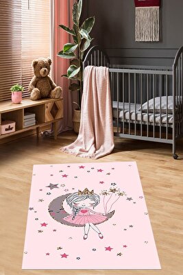Ayda Oturan Kız Desenli Yıldızlı Halı Dijital Baskı Yıkanabilir Kaymaz Taban Kız Çocuk Odası Halısı ürün fotoğrafı