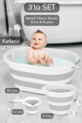 3'lü Katlanır Bebek Yıkama Seti Bebek Banyo Küveti Büyük Boy - Su Kovası - Maşrapa Gri ürün fotoğrafı