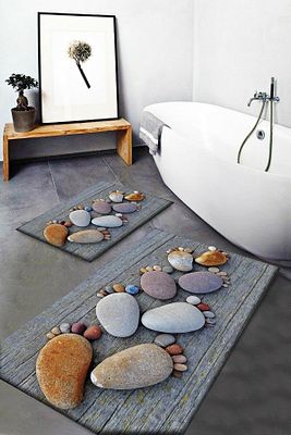 Else Gri Ayak Taşları Desenli Yıkanabilir Kaymaz Taban 2li Banyo Halısı Paspas Klozet Takımı ürün fotoğrafı