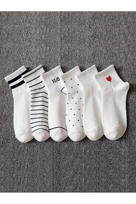 6 Çift Yarım Konç Kalp Desenli Beyaz Unisex Kolej Tenis Çorap ürün fotoğrafı