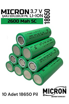 18650 3.7V (Volt) 2600 MaH(Amper) 5C Lityum Şarj edilebilir 10 Adet Pil(Batarya) ürün fotoğrafı