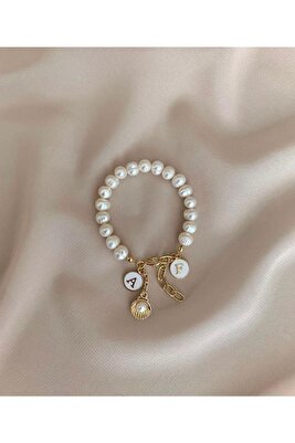 Gerçek Incili Mineli Harfli Kadın Bileklik Şık Bileklik Gold Incili Istiridye Sallantılı ürün fotoğrafı