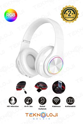 Kablosuz Bluetooth Mikrofonlu Kulaküstü Kulaklık Led Işıklı Katlanabilir Beyaz ürün fotoğrafı