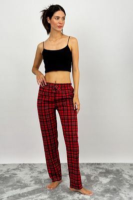 Kadın Pamuklu Ekose Desenli Pijama Altı Eşofman Kurdeleli Kırmızı Siyah Kareli ürün fotoğrafı