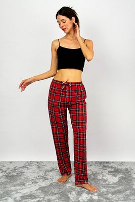 Kadın Pamuklu Ekose Desenli Pijama Altı Eşofman Kurdeleli Kırmızı Yeşil Kareli ürün fotoğrafı