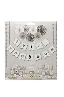 Beyaz Gümüş Yaldızlı İyi Ki Doğdun Banner ürün fotoğrafı