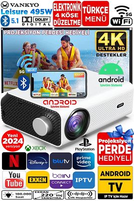 Leisure 495w Android Tv 4k Destekli Projeksiyon Cihazı 5gwi-fi 5.1bluetooth 220 Inç Ekran Dolby Ses ürün fotoğrafı
