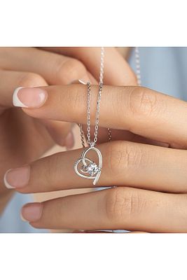925 Ayar Radyum Kaplama  Sertifikalı  Swarovski Taşlı Kalpli Gümüş Kolye ürün fotoğrafı