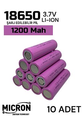 10 Adet 18650 Lityum Pil (batarya) 1200 Mah (amper) 3.7 V ( Volt) Şarj Edilebilir Başsız Pil ürün fotoğrafı