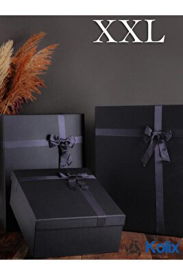 XXL Siyah 3'lü Takım Kutu Kurdeleli Siyah Sert Hediye Kutusu Damat Gelin Çeyiz Bohça Kutusu ürün fotoğrafı