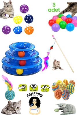 8'li Set: Sarma Topu+3'lü Renkli Top+oyun Topu Tüylü + Kedi Oltası+3 Katlı Oyuncak +çıngıraklı Top ürün fotoğrafı