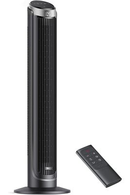 28 dB sessiz kule vantilatör, soğutma uzaktan kumanda, 5 hız, 4 mod, 12 saat zamanlayıcı, 90° ürün fotoğrafı