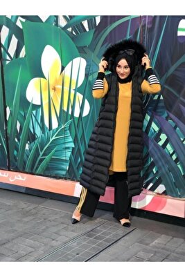 Büyük Beden Kürklü Kapüşonlu Uzun Şişme Yelek ürün fotoğrafı