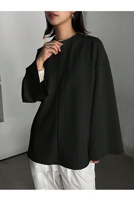 Kadın Siyah İspanyol Kol Bol Kalıp Fermuarlı Modest Bluz ürün fotoğrafı