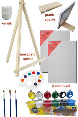 Masaüstü Şövaleli Resim Boya Başlangıç Seti, 2 Tuval, 6lı Boya, Palet, Vernik. (ŞÖVALYE) ürün fotoğrafı
