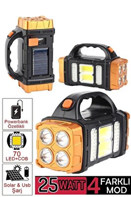V-2678 Uzun Menzilli Solar Panelli 25w Powerbank Usb Çıkış 4 Mod Lu Ultra Güçlü Ledli Şarjlı Feneri ürün fotoğrafı