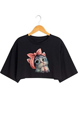 Kadın Sevimli Minik Kedi Baskılı Crop T-shirt ürün fotoğrafı