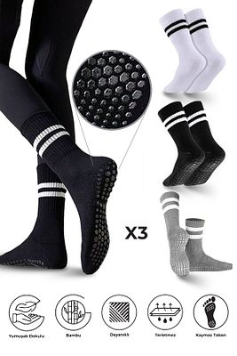 Bambu Kadın Kaydırmaz Taban Silikon Baskı Pilates Yoga Fitness Bale Dans Aktivite Tenis Çorabı 3'lü ürün fotoğrafı