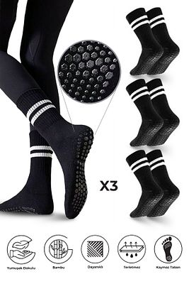 Bambu Kadın Siyah Kaydırmaz Taban Silikon Baskı Pilates Yoga Fitness Dans Aktivite Tenis Çorabı 3'lü ürün fotoğrafı