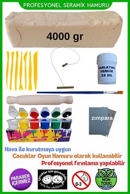 Seramik Hamuru 4000 Gr, 7li Plastik Ebeşuar (MODELAJ SETİ), Kesme Teli-ipi, Guaj, Doğal Kil Çamuru ürün fotoğrafı