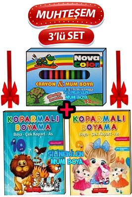 MUHTEŞEM 3'LÜ SET 2 BOYAMA KİTABI+SİLİNEBİLEN 12'Lİ MUM BOYA ürün fotoğrafı