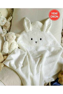 Ekstra Yumuşak Pamuklu Kız-erkek Yenidoğan/bebek Banyo Kundak Havlusu Ekru/tavşan ürün fotoğrafı