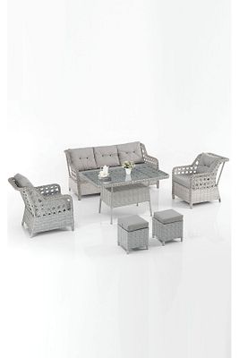 Eren Rattan Puflu Bahçe Balkon Takımı 3+1+1 Gri ürün fotoğrafı