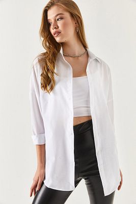Oversize Uzun Basic Gömlek - Beyaz ürün fotoğrafı