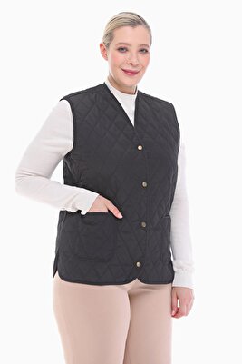 Kadın Büyük Beden Ekose Siyah Kapitone Yelek 1037 ürün fotoğrafı