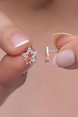 925 Ayar Gümüş Zirkon Taşlı Çift Yıldız Model Küpe ürün fotoğrafı