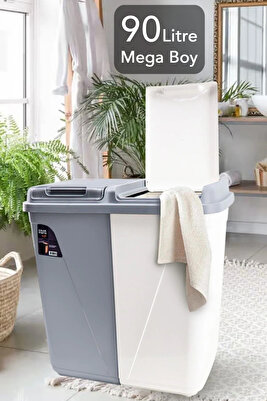 Mega Duo İki Bölmeli Kirli Çamaşır Sepeti - Banyo Çamaşır Sepeti Renkliler & Beyazlar 90 Lt ürün fotoğrafı