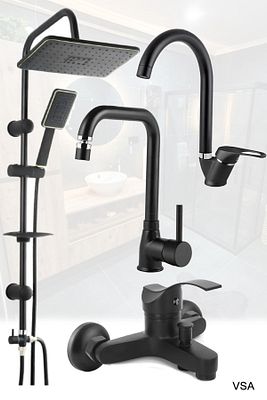 Siyah Robot Siyah Tepe Yağmurlama Duş Seti Mutfak Banyo Lavabo Bataryası Set ürün fotoğrafı