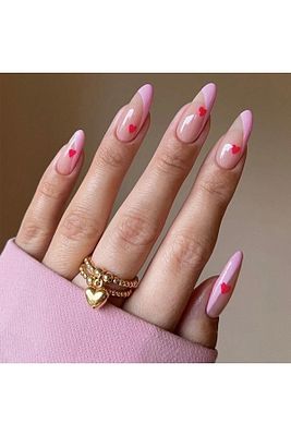 Pembe Kırmızı Kalpli 24’lü Takma Tırnak Seti &amp; Zararsız Yapıştırıcı ürün fotoğrafı