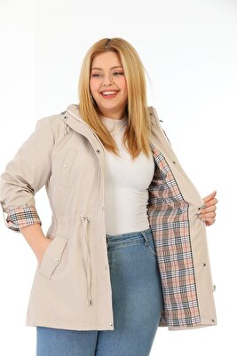 Kadın Suya Dayanıklı Büyük Beden Trençkot Kapüşonlu Ekoseli Krem Trençkot Bonded Kumaş Trençkot ürün fotoğrafı