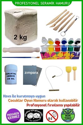 Seramik Hamuru Başlangıç Seti - Guaj Boya, Ebeşuar, Merdane,fırça, 2000gr Beyaz Doğal Kil ürün fotoğrafı