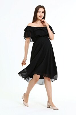 Yaka Şifon Siyah Elbise ürün fotoğrafı