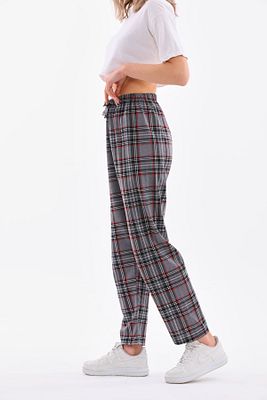 Ekose Baskılı Penye Pamuklu Kumaş Unisex Relaxed Yazlık Pijama Altı Gri ürün fotoğrafı