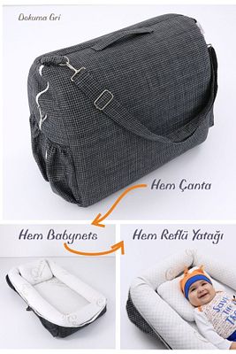 Umay Çantalı Taşınabilir Reflü Yatağı, Babynest, Anne Çantası - Dokuma Gri ürün fotoğrafı