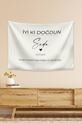 Kişiye Özel Doğum Günü Happy Birthday Duvar Örtüsü Duvar Halısı Birinci Kalite Kumaş ürün fotoğrafı