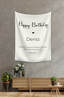 Kişiye Özel Doğum Günü Happy Birthday Duvar Örtüsü Duvar Halısı Birinci Kalite Kumaş ürün fotoğrafı
